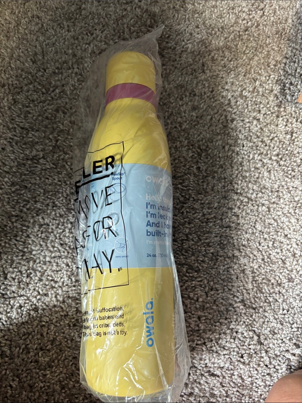 Owala 24 oz Yellow Insulated Water Bottle with Pink Accent and cap